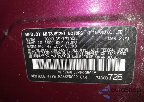 2021 Mitsubishi Mirage Carbonite Edition/Es/Le from USA, damaged, VIN ML32AUHJ7MH008018